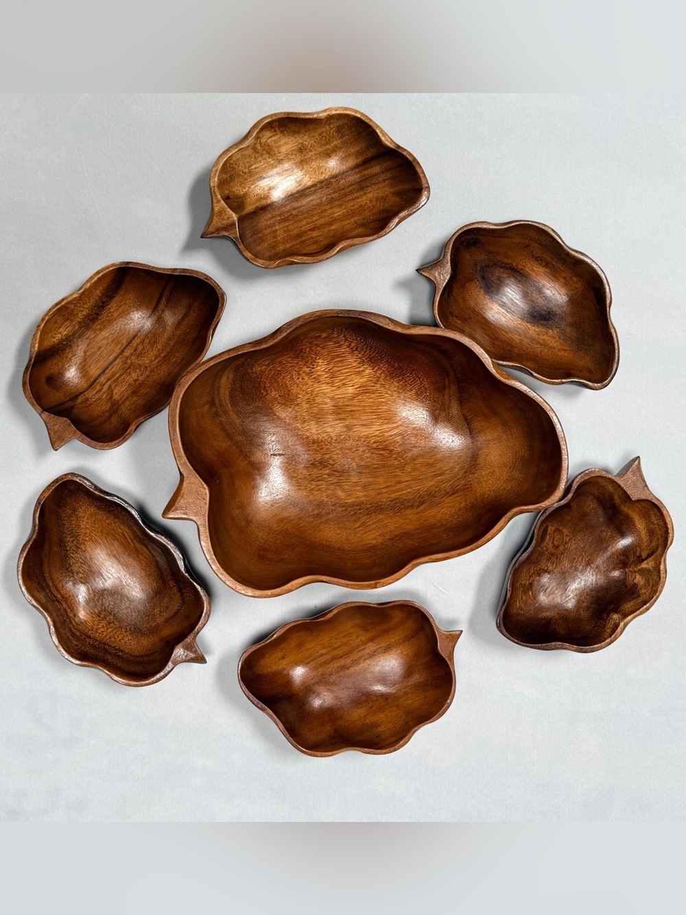 Vintage Mid-century style handcrafted wooden 7 piece salad bowl set.